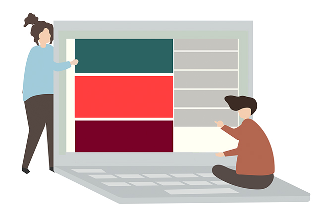 An illustration depicting print employees setting up files for imposition manually. This post compares the pros and cons of manual imposition vs. software imposition for printing PDFs.