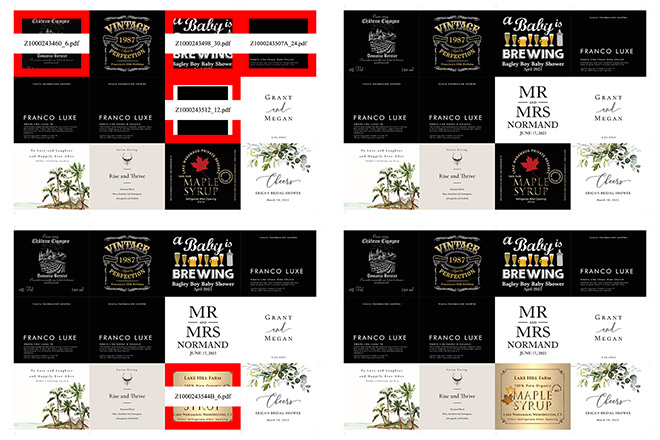 Example of PDFs for custom labels imposed on sheets for cut and stack printing. FileSplice is an imposition software that automates imposing PDFs.