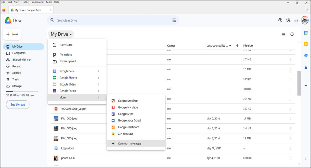 A screenshot showing the steps to connect apps and add-ons to your Google Drive.