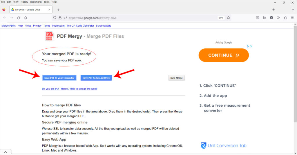 A screenshot showing the final step to merging multiple PDFs in Google Drive using the verified Add-on PDF Mergy