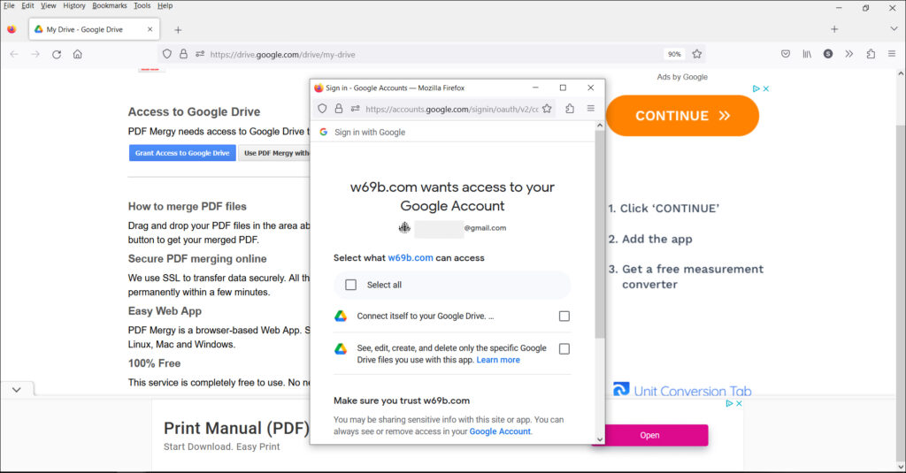 A screenshot showing how you grant access to PDF Mergy to the correct Google account.
