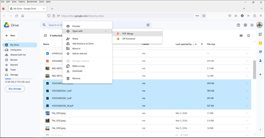 A screenshot showing how to find PDF Mergy once you have installed the Google Add-on in your Google Drive.