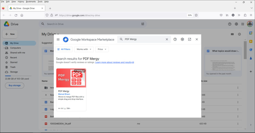A screenshot showing how to find PDF Mergy a Google add-on.