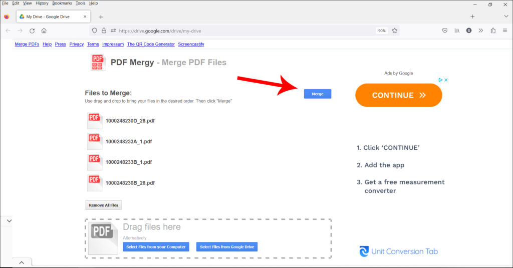 A screenshot showing how to merge the PDF files you have selected in your Google Drive.