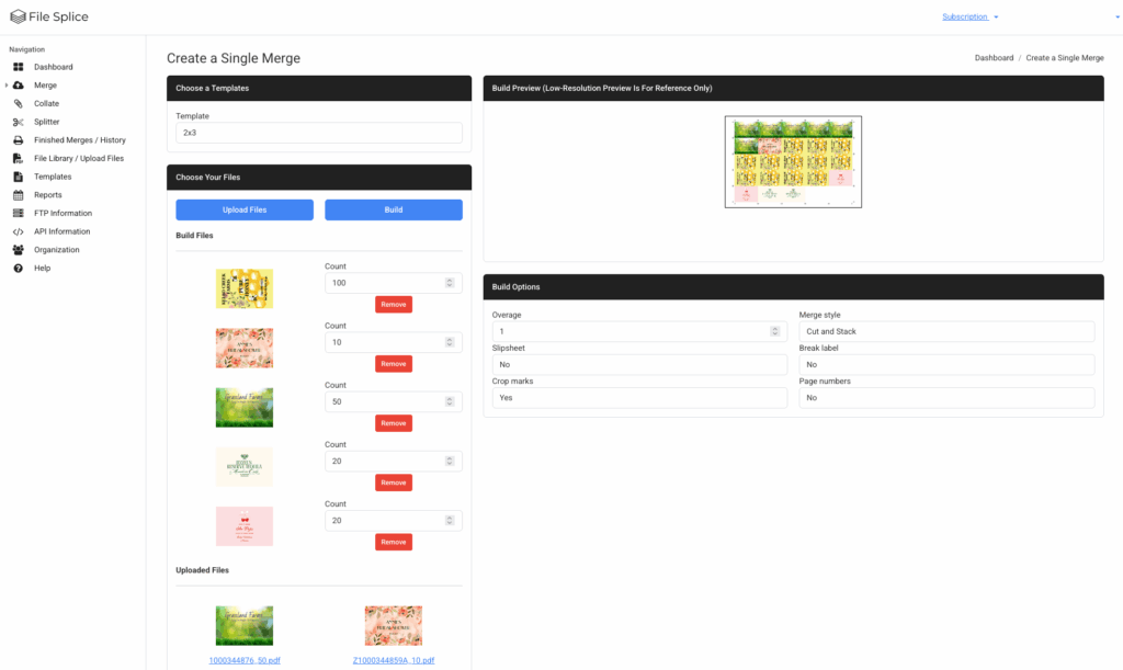 Screenshot of File Splice’s online PDF imposition tool showing cut and stack layout
