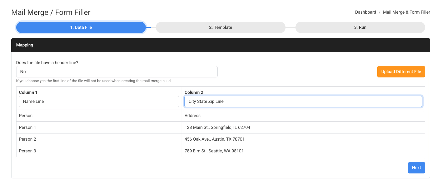 Uploading a CSV file into the File Splice mail merge tool
