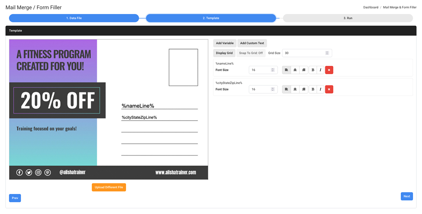 Uploading a base image PDF or JPG into the mail merge tool