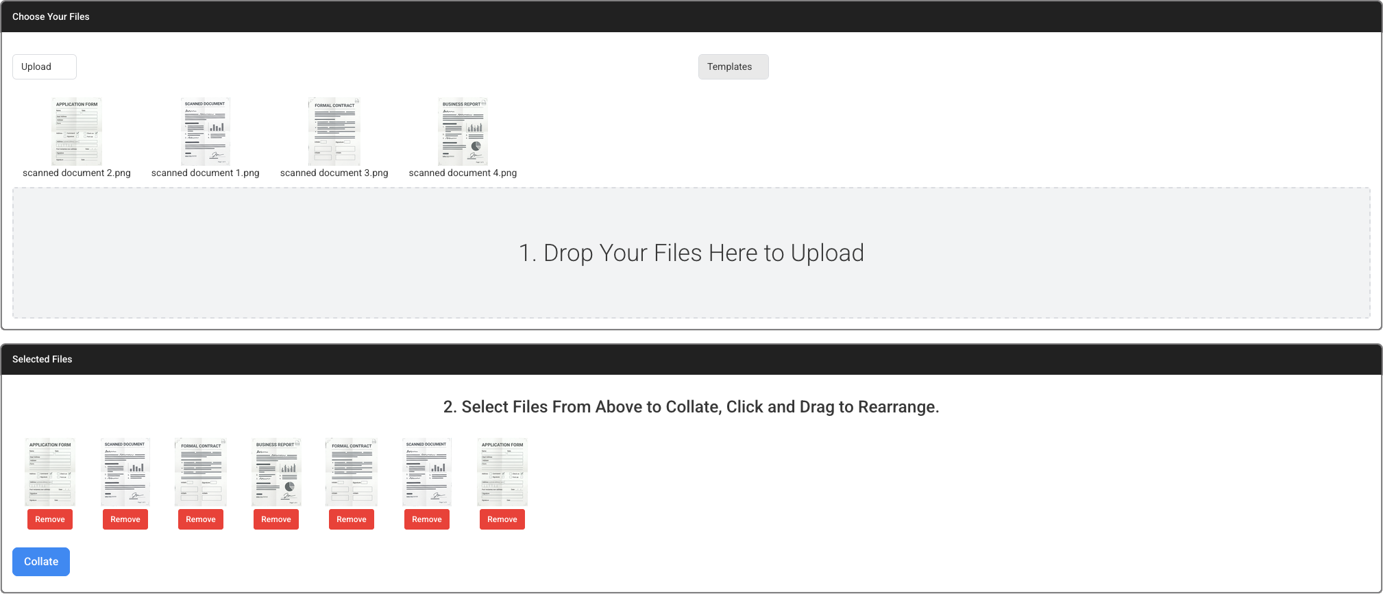 Selecting and ordering scanned document thumbnails in File Splice